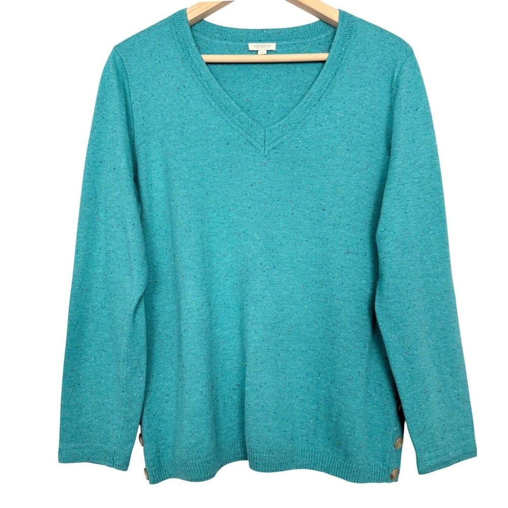 Talbots Sweater Womens LP Teal Confetti Donegal V-Neck Button Side Petite Knit